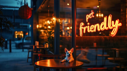Pet-friendly restaurant neon sign on a window. A restaurant where animals are allowed. Pets are welcome here.