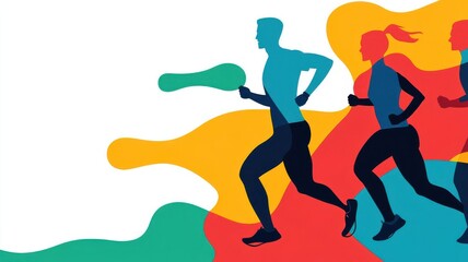 Dynamic illustration of runners in colorful motion, showcasing fitness, energy, and active lifestyle through abstract shapes.