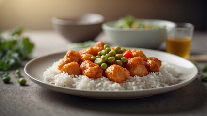 Plate of sweet and sour chicken with rice peas.