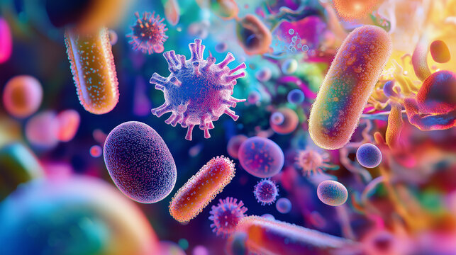 Brightly colored microscopic bacteria and viruses floating in a vivid environment.