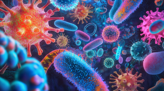Brightly colored microscopic bacteria and viruses floating in a vivid environment.