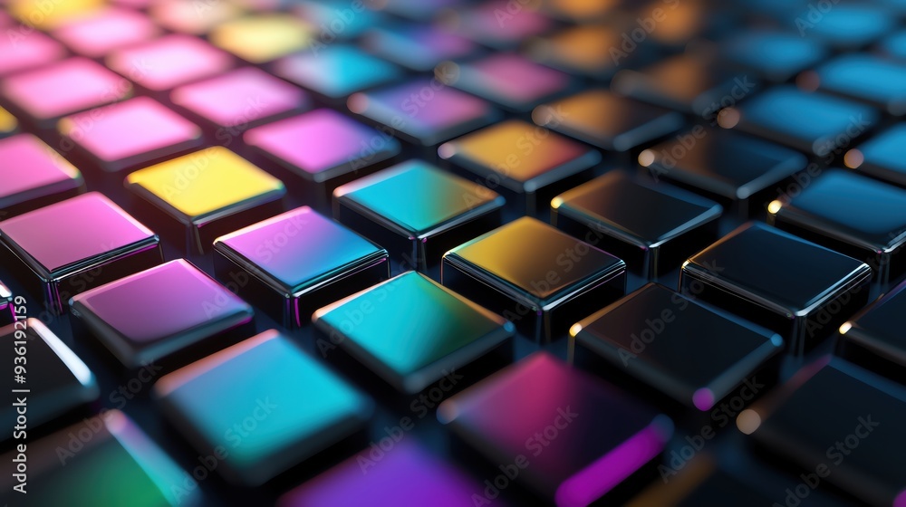 Wall mural a vibrant array of glossy tiles with reflections showcasing a spectrum of colors, perfect for modern