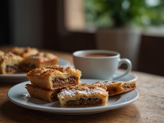 A cup of frothy coffee and a plate of baklava for breakfast.