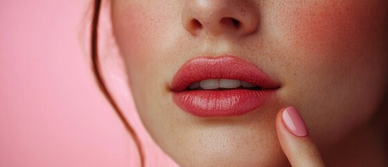 Obraz premium Close-up of a Woman's Lips with Pink Lipstick and Freckles