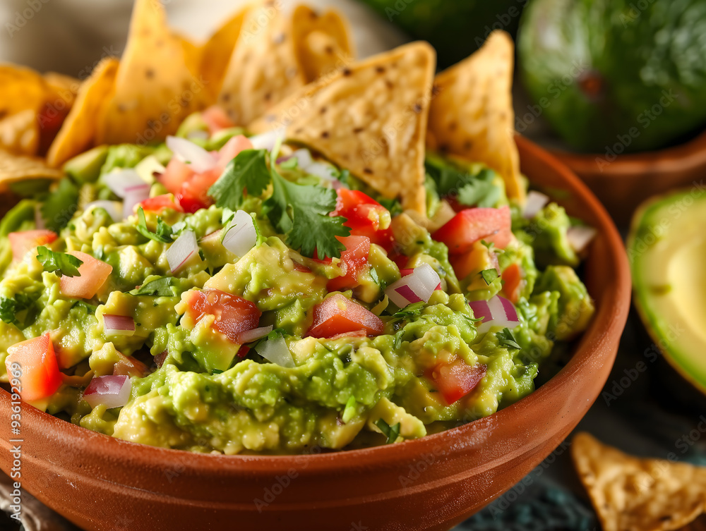 Sticker Fresh Homemade Guacamole in a Rustic Bowl with Tortilla Chips