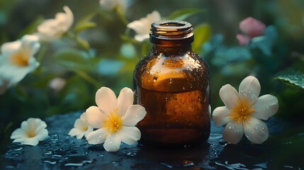 Relaxing spa still life with essential oil and flowers