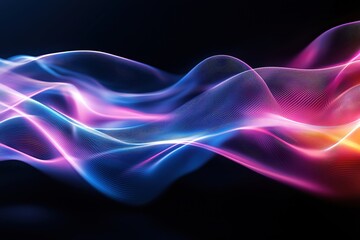 Fototapeta premium A vibrant wave of colorful light, featuring flowing patterns in blue, pink, and orange against a dark background.