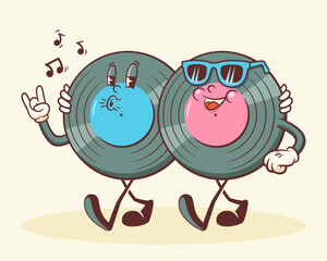 Groovy Vinil Retro Characters. Cartoon Music Disk Record Personage Walking, Whistling and Smiling. Vector Funny Disco Mascot Template. Happy Vintage Cool Illustration Isolated