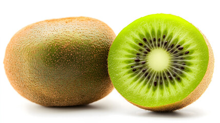 Fototapeta premium Fresh Kiwi Fruit Close-up with Halved and Sliced Pieces on a White Background