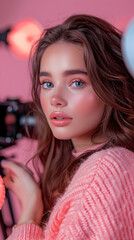Naklejka premium Photo Realistic Makeup Influencer Applying Blush in Studio Long Shot with Camera, Lighting, and Beauty Products, Concept for Beauty Influencers | Adobe Stock