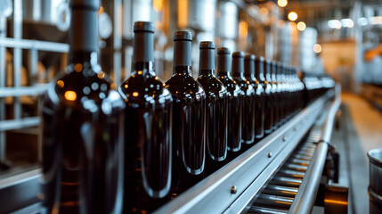 Black wine bottles in a production line at a factory.