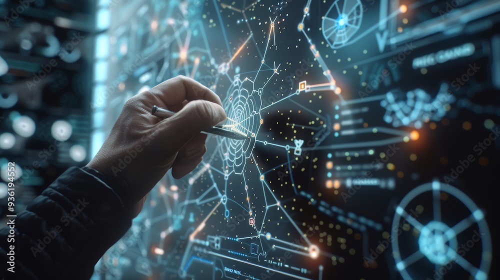 Poster in this holographic work screen, the hand of a male creator creates a digital network using a touch 