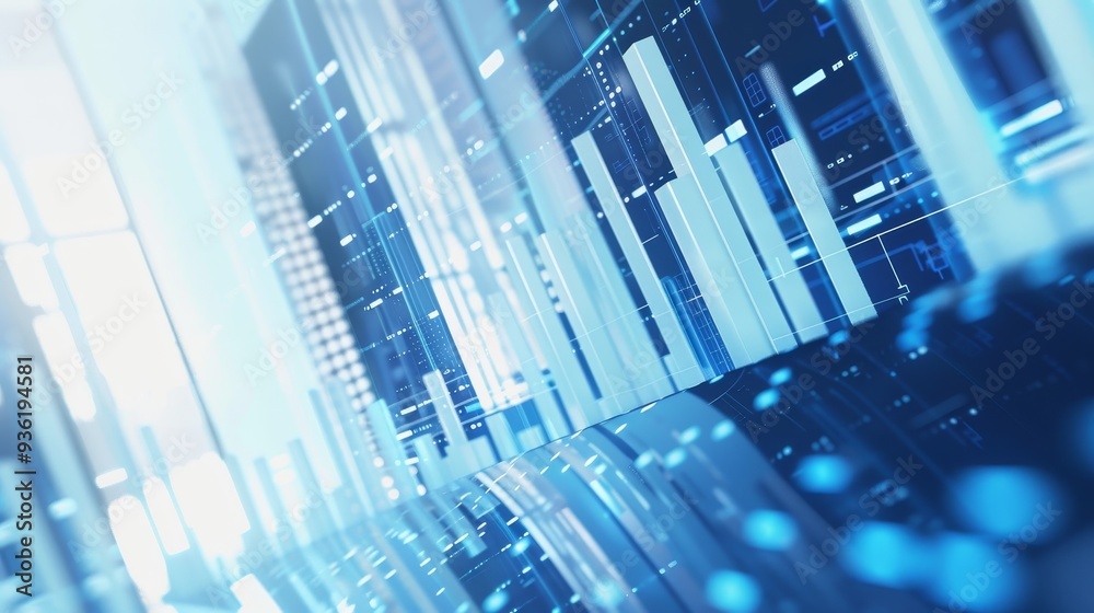 Aufkleber A growing business bar chart with digital technology elements in blue and white. An animation with a depth of field camera movement.