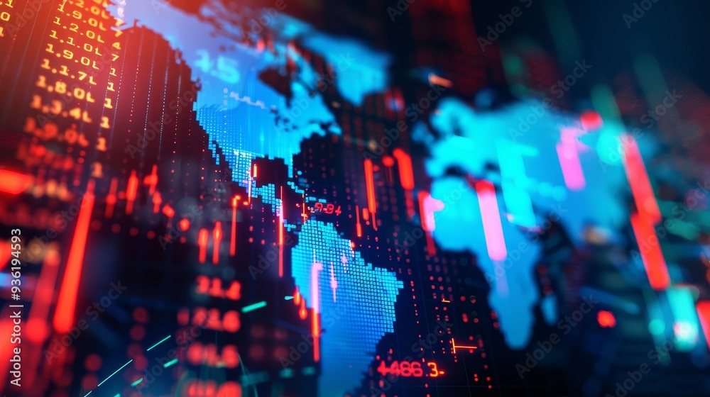 Poster Digital animation of stock market price changes and camera movement through 3D space. Animation loop in 4K.