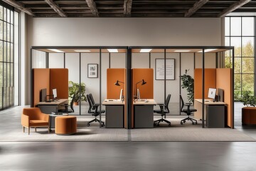 Movable office pods and partition walls that allow teams to create private or open collaborative spaces as needed, modular office, flexible and adaptive workspace