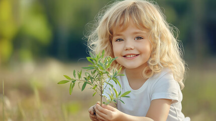 Little girl holding a small plant in a forest