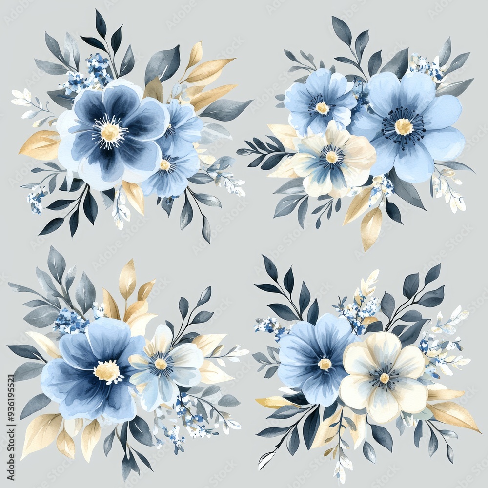 Poster decorative element for cards with elegant flowers with golden leaf and twigs on a light background. 