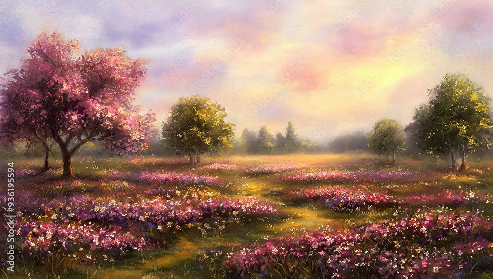 Poster a blooming field of green trees and shrubs under a blue sky with pink clouds in the evening