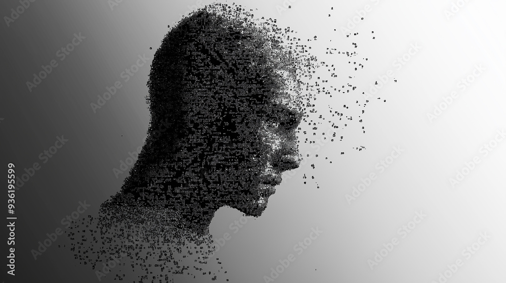 Poster human head dissolving into pixels on white background
