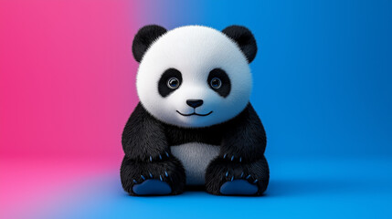 Adorable fluffy panda cub sitting on a colorful background