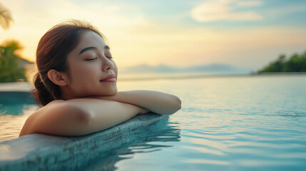 Obraz premium Young woman relaxing in infinity pool at sunset