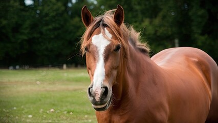 Fototapeta premium Ein Pferd Auf Der Wiese Schaut In Die Kamera