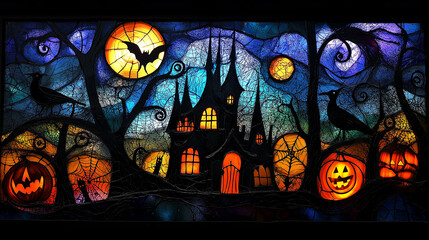Halloween stained glass window depicting spooky haunted house