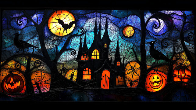 Halloween stained glass window depicting spooky haunted house