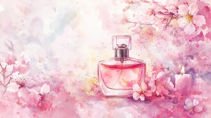 A delicate perfume bottle surrounded by pink blossoms, evoking a sense of elegance and tranquility in a floral setting.