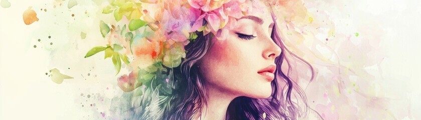 Naklejka premium A dreamy portrait of a woman adorned with floral elements, showcasing beauty and nature in harmonious colors.
