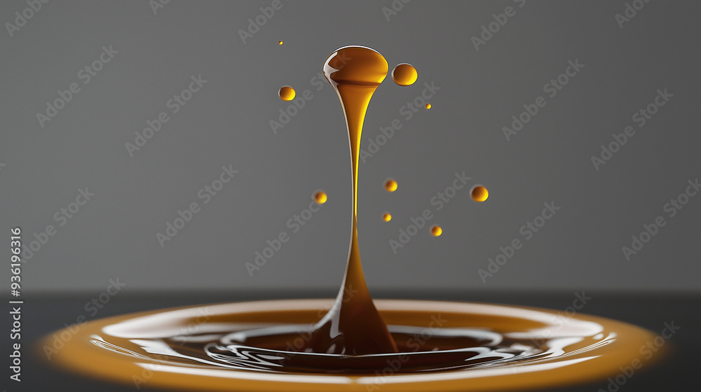 Poster golden liquid is making a splash with a tall column and droplets