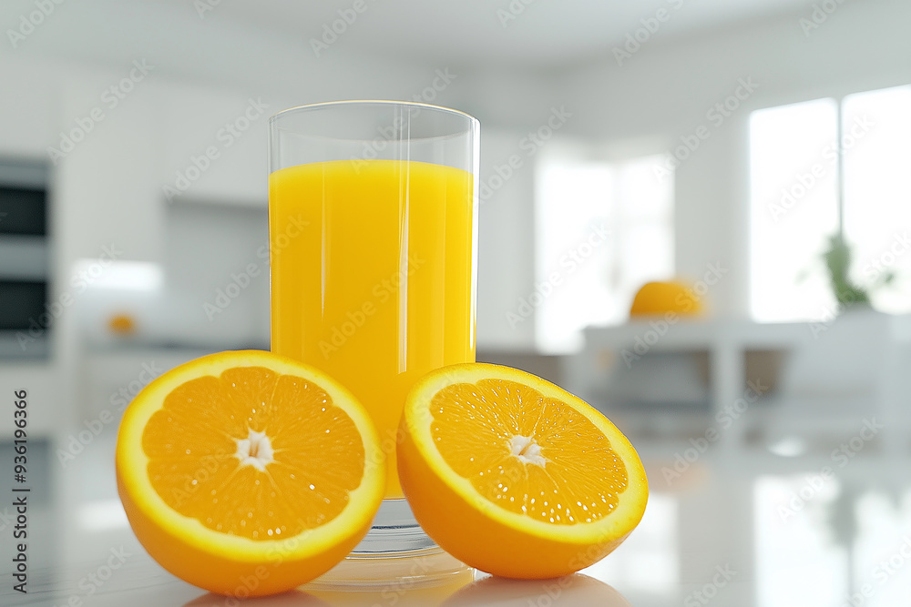 Poster glass of freshly squeezed orange juice with sliced oranges in a modern kitchen