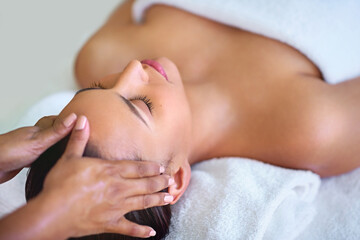 Head massage, self care and woman at spa for holistic scalp nourishment, healing or stress relief. Calm, skin therapy and hands on female person for facial therapeutic treatment at wellness salon.