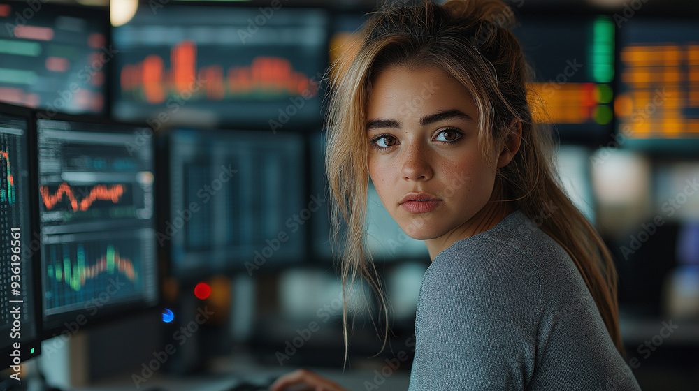 Fototapete young stock trader is working in her office, analyzing data on multiple computer screens