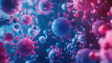 3D render of colorful virus cells on a dark blue background, with a pink and violet color scheme, in close-up view