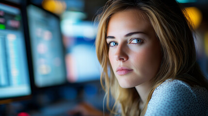 Naklejka premium Young woman working late in the office on her computer