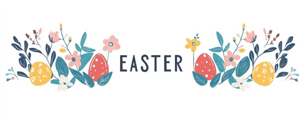 An easter elements collection with flowers, leaves and eggs on a white background. EASTER text in the center of the picture.