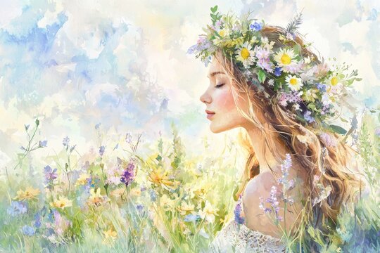 A serene portrait of a woman adorned with a floral crown, surrounded by a vibrant meadow of wildflowers in soft pastel colors.