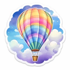 Fototapeta premium A whimsical hot air balloon in pastel colors floating among fluffy clouds in the sky.