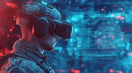 A soldier using virtual reality technology with a digital interface in a futuristic military setting.