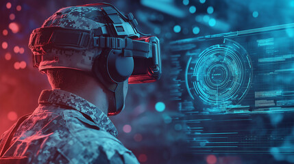 A soldier using virtual reality technology with a digital interface in a futuristic military setting.