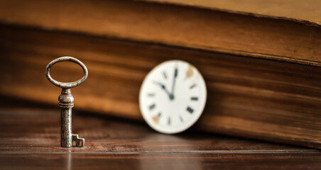 Success keys with clock face. Chance, solution, motivation time banner or background.