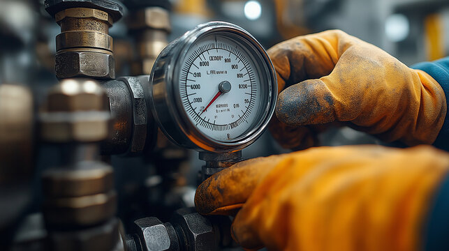 Worker checking pressure gauge on industrial pipeline