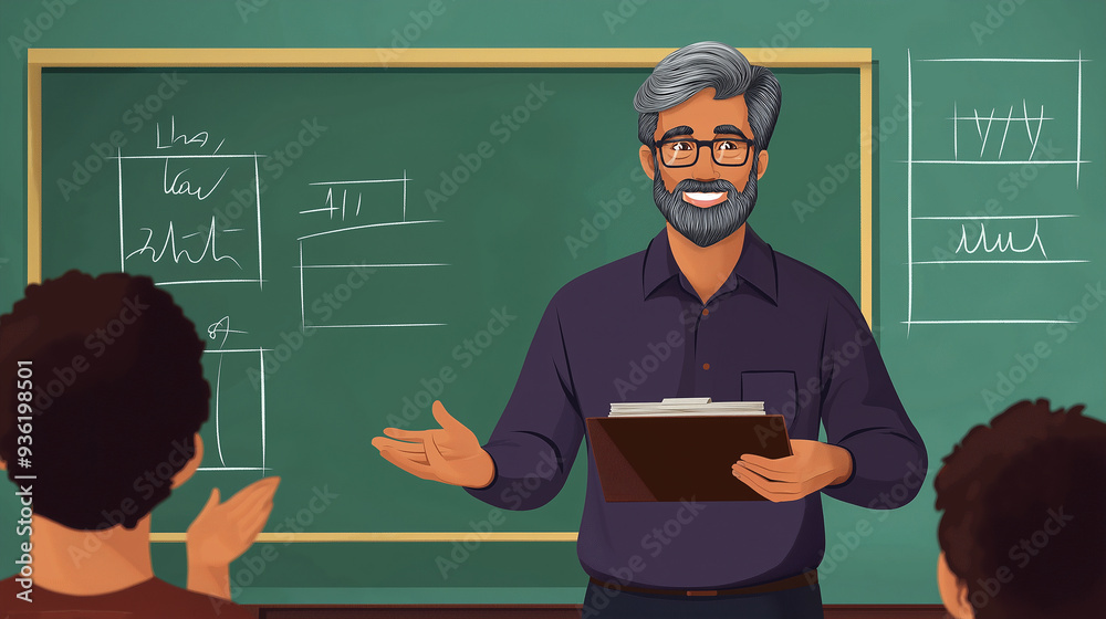 Aufkleber smiling bearded teacher explaining lesson to students in classroom