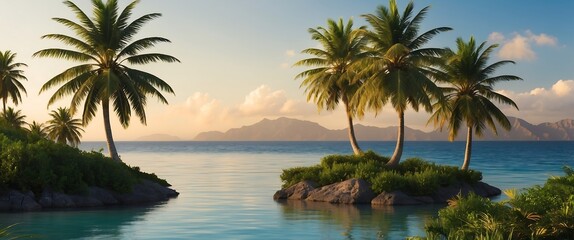 Serene Illustration of Palm Trees Swaying Gently Overlooking a Tranquil Beach, Featuring Soft Sands and Gentle Waves, Perfect for Evoking a Relaxing Tropical Atmosphere in Any Setting.

