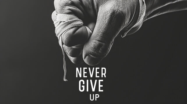 The focus is on a tightly clenched fist, wrapped in tape, symbolizing strength and perseverance. The stark contrast highlights the emotion of never giving up
