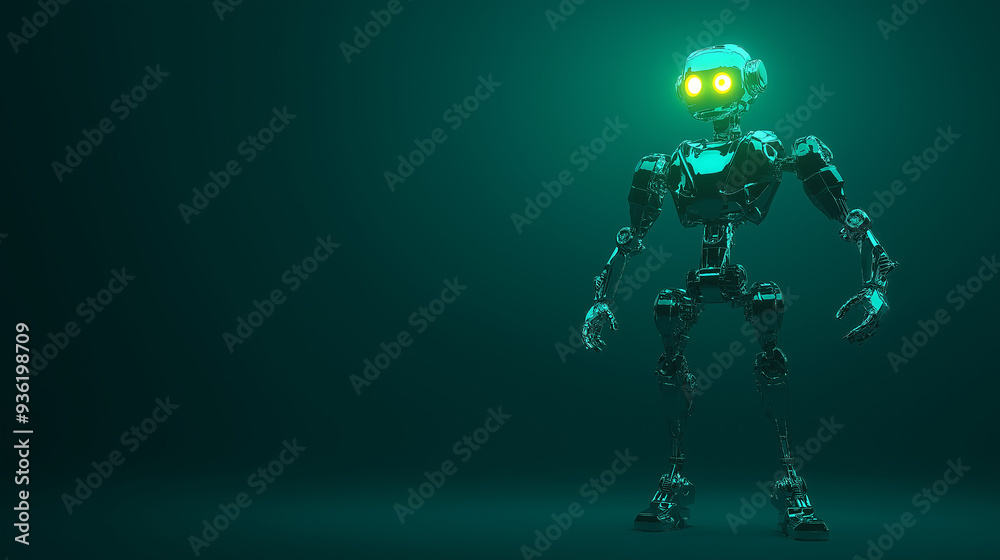Aufkleber metallic robot standing with glowing eyes in dark green background