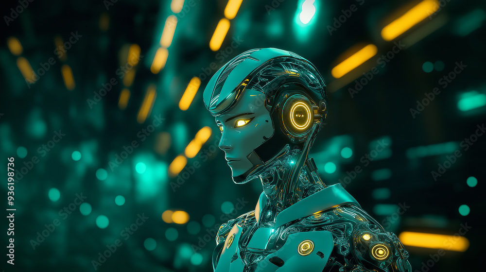 Aufkleber Android with glowing eyes looking away from camera in server room