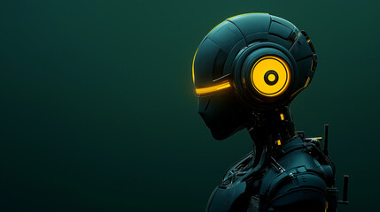 Futuristic robot looking left on dark green background