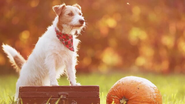 Funny happy jack russell terrier dog plays with a mosquito next to an autumn pumpkin. Pet background.